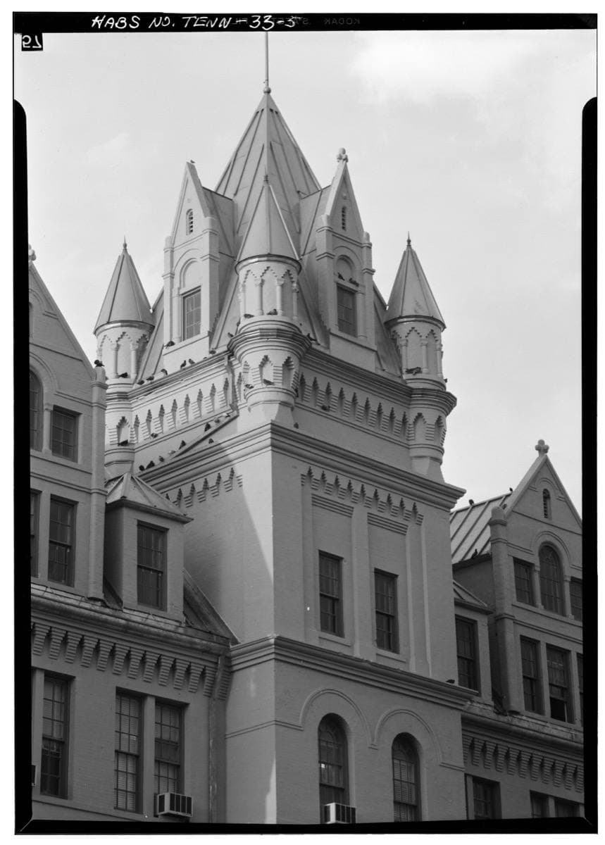A crenellated stone tower of the Tennessee State Penitentiary