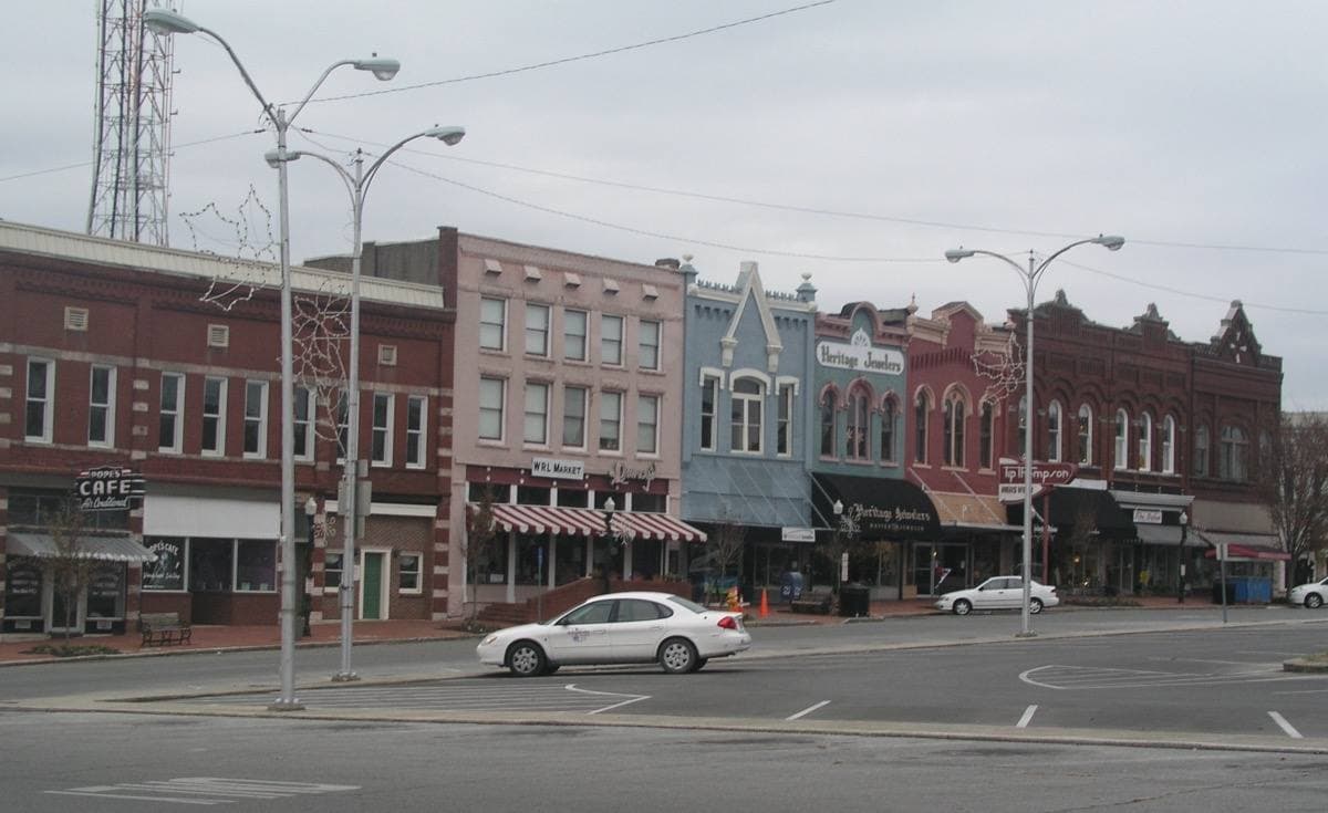 Brick shopfronts on the town square in Shelbyville, Tennessee