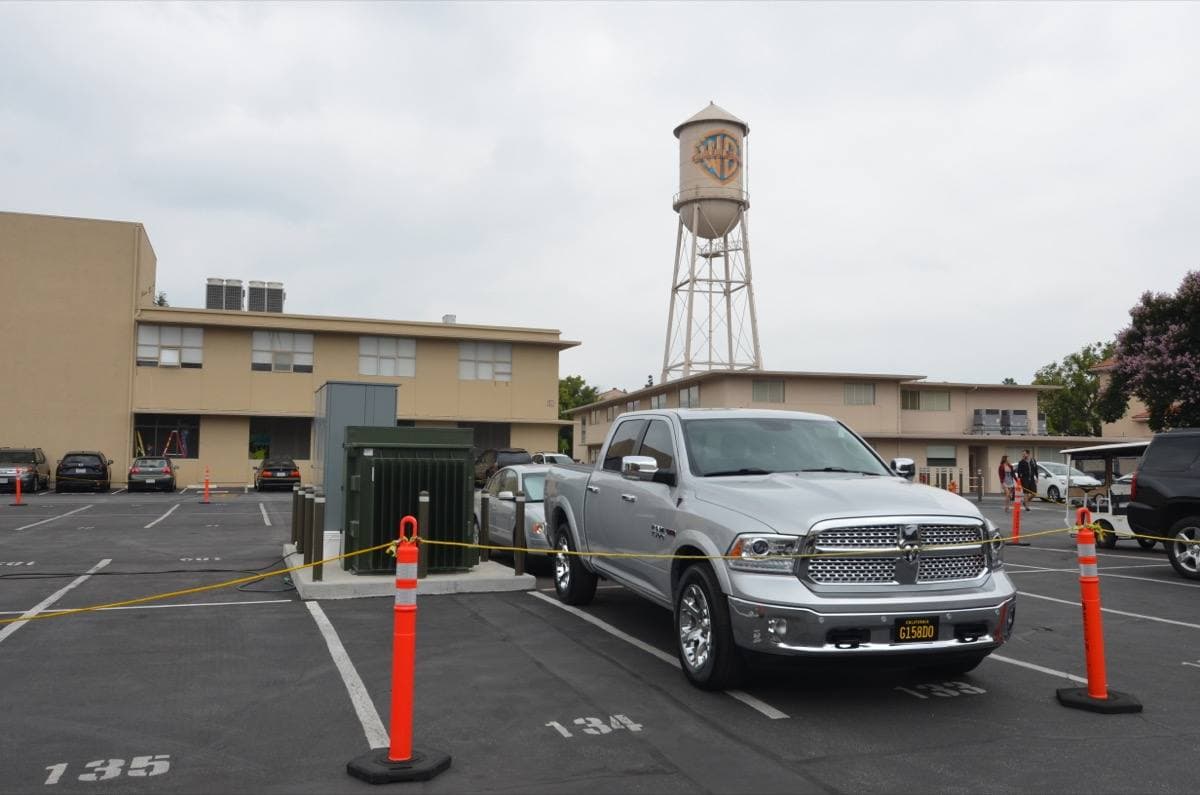 The Warner Bros. water tower in Burbank against a blue sky
