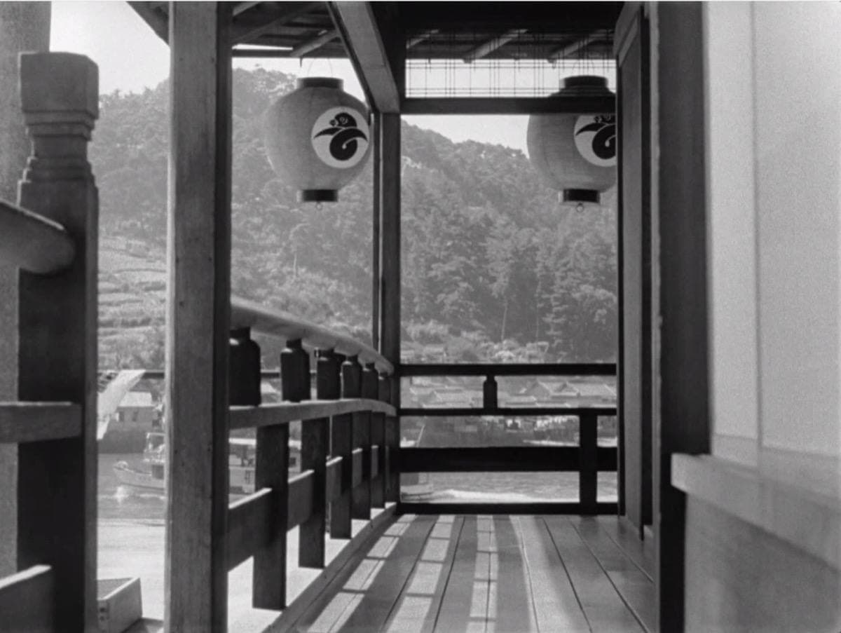 A wooden veranda with two paper lanterns, wooded hills across the water