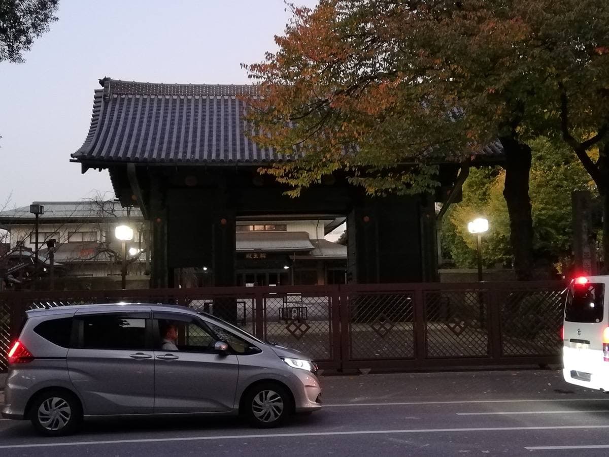 A black wooden gate with a tiled roof behind a park railing at dusk