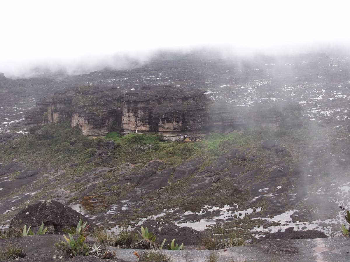 Rocky plateau with pale rock towers and low cloud on the summit of Mount Roraima