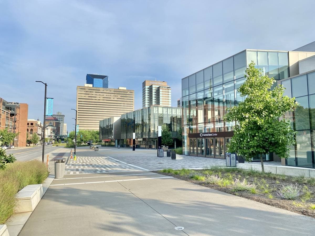 Rupp Arena and the convention centre on a Lexington street corner, 2023