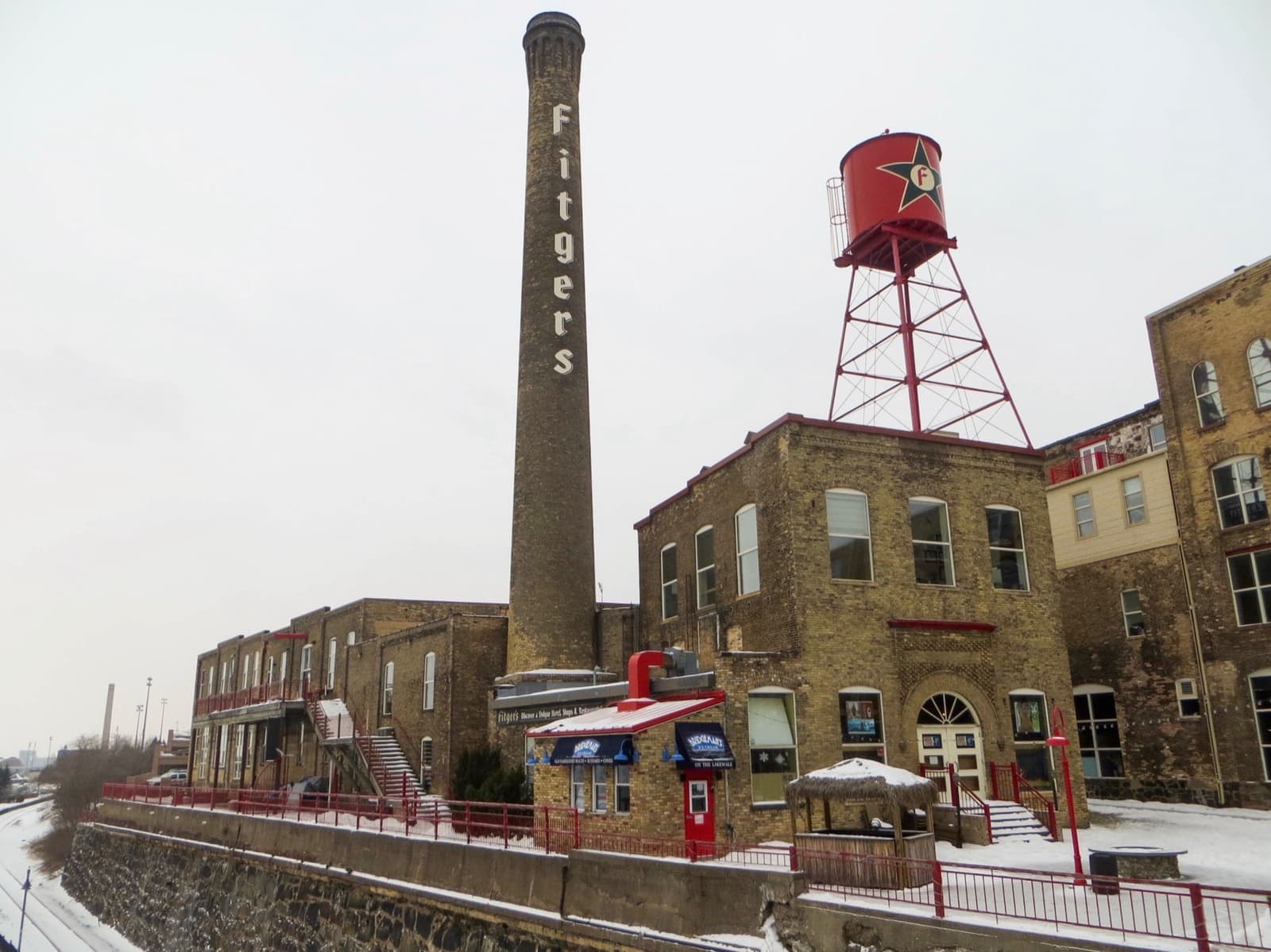 A stone brewery complex in winter beside the lake road