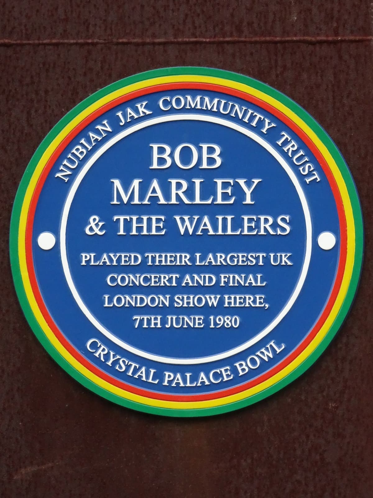 A blue plaque marking Bob Marley’s 1980 concert at Crystal Palace