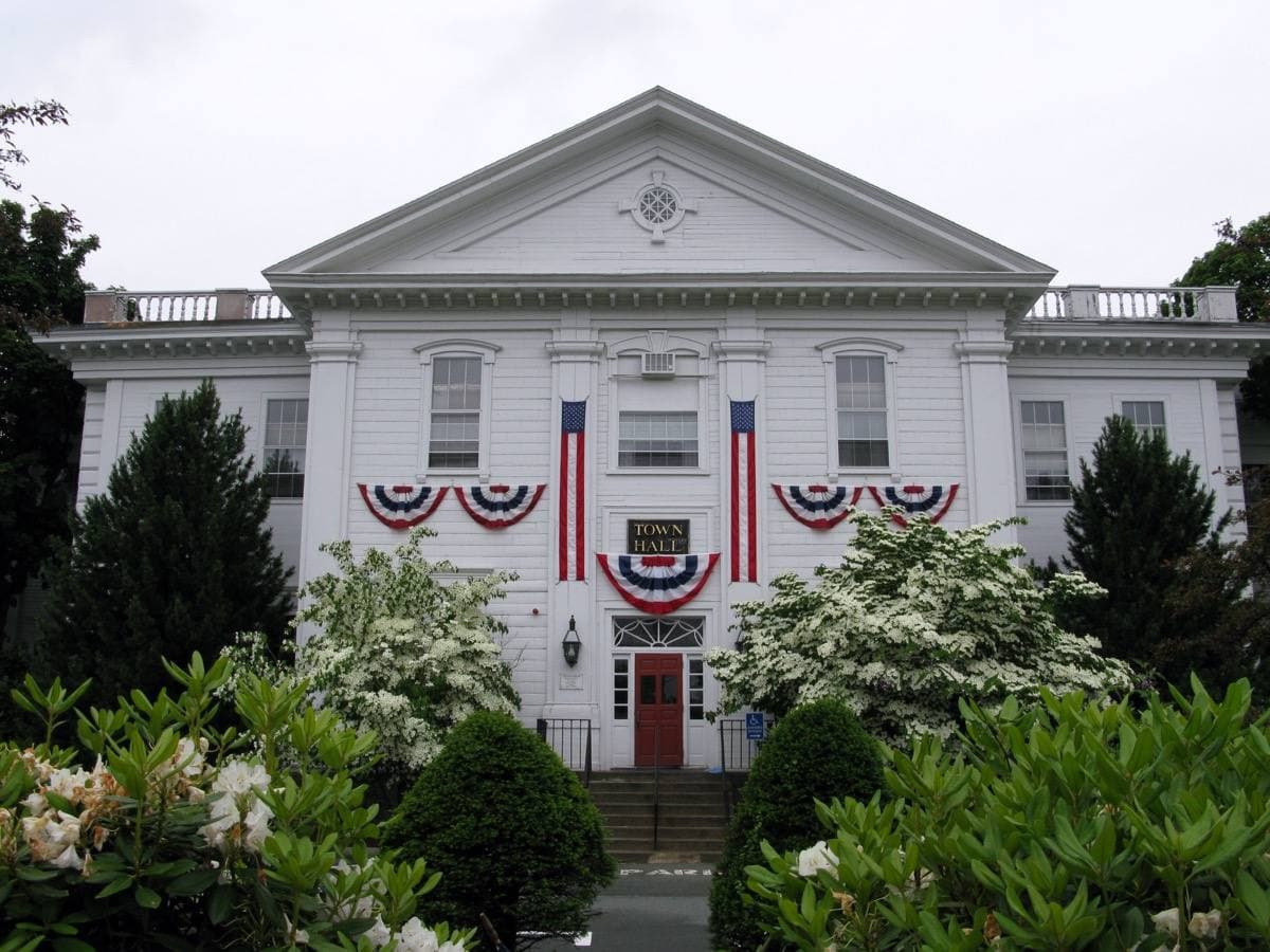 The white Greek Revival Danvers Town Hall