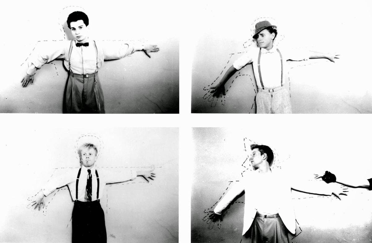 Four portraits of young men in white shirts and braces, arms held out