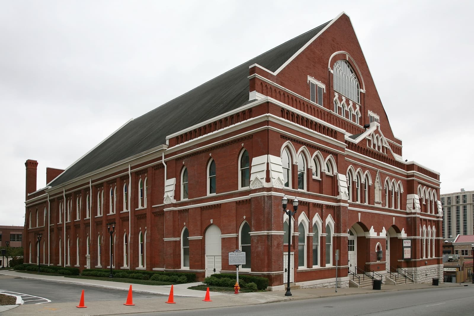 The red-brick Gothic Ryman Auditorium on a grey day