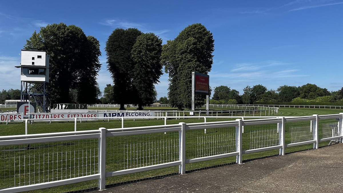 White rails along the green turf of Windsor racecourse under a blue sky