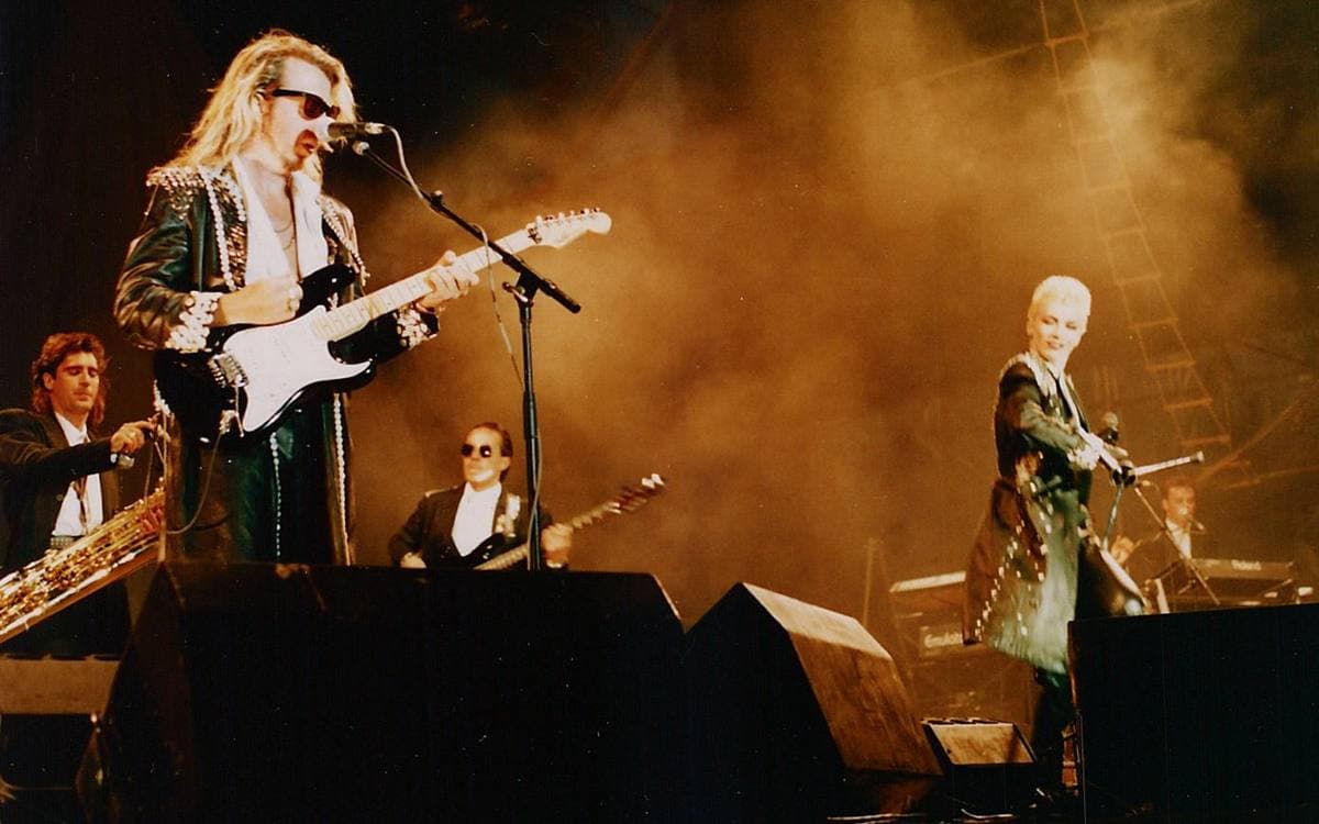 Eurythmics performing on an open-air festival stage in 1987