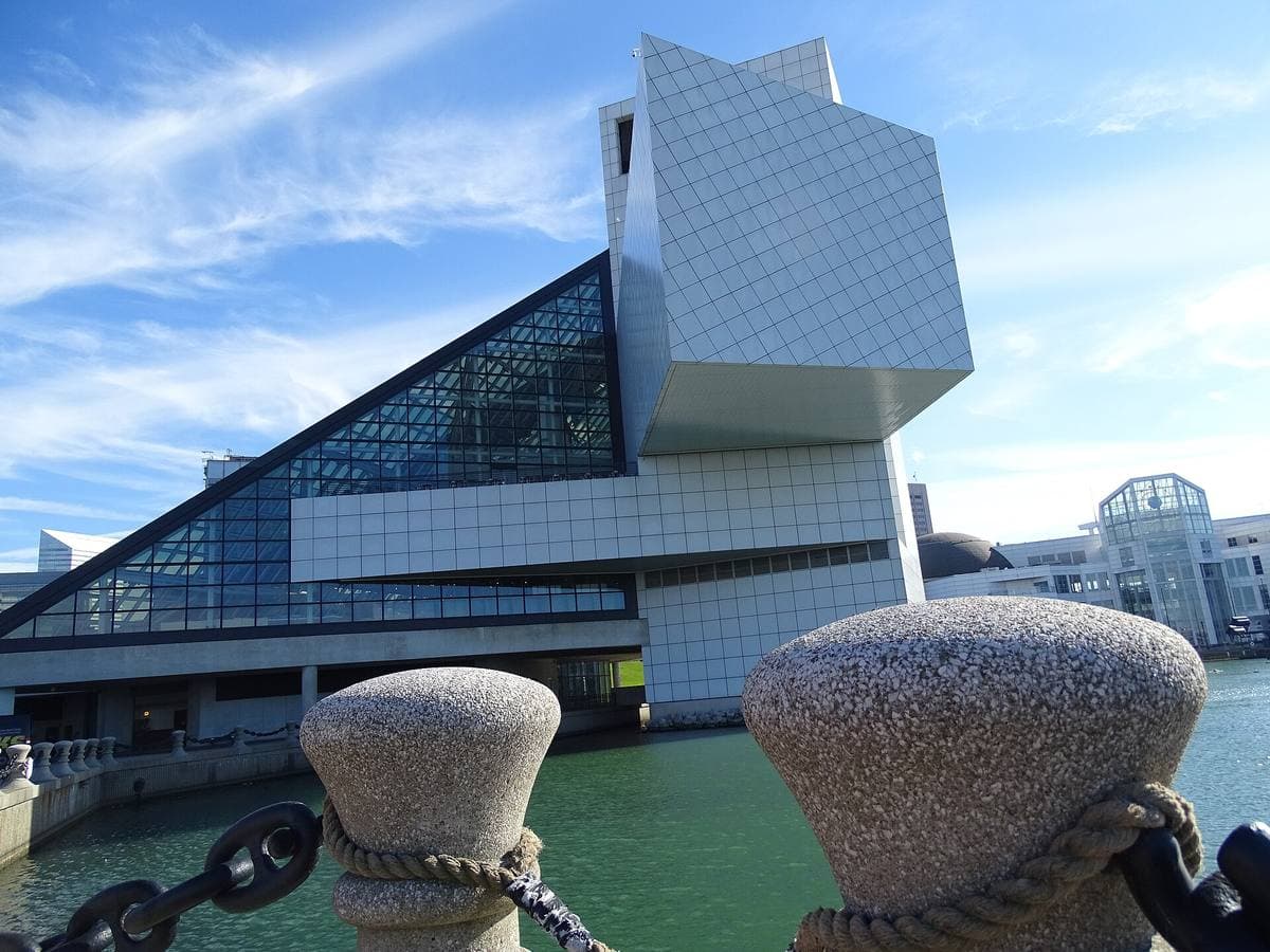 The glass pyramid of the Rock and Roll Hall of Fame