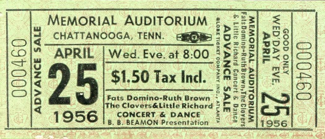 A green 1956 concert ticket priced at one dollar fifty