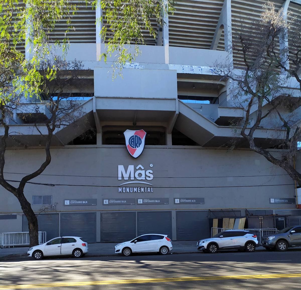 The concrete facade of River Plate's stadium with the club crest