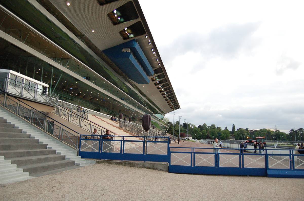 Grandstands beside a racecourse at the Hippodrome de Vincennes