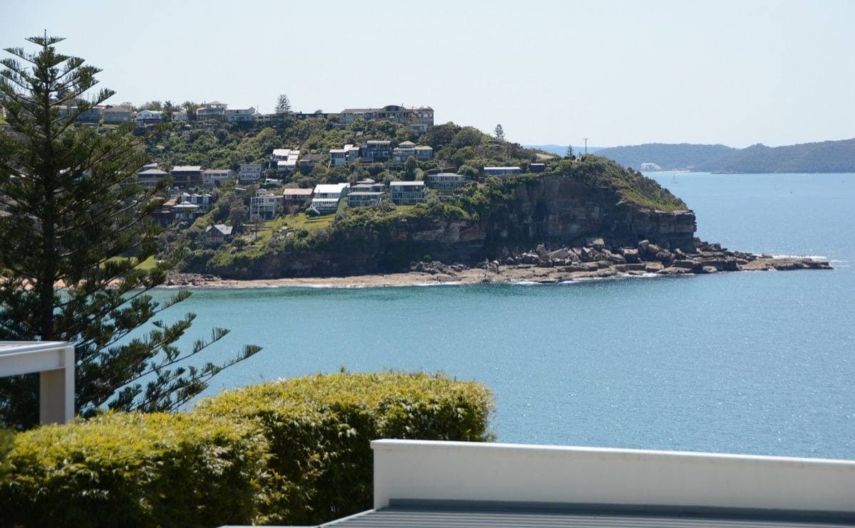 Whale Beach, a curve of sand between green headlands, seen from a hillside road