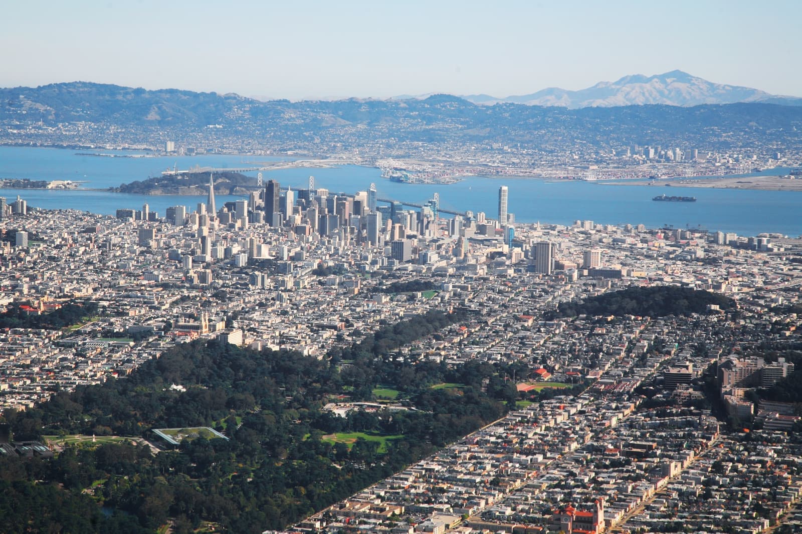 Aerial view of San Francisco with the long green strip of Golden Gate Park and the Panhandle running toward the bay