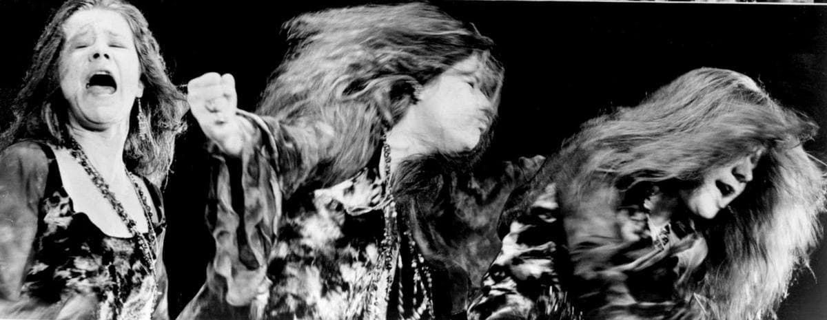Three more frames: Janis Joplin with eyes shut and mouth open, then a raised fist, then hair flying
