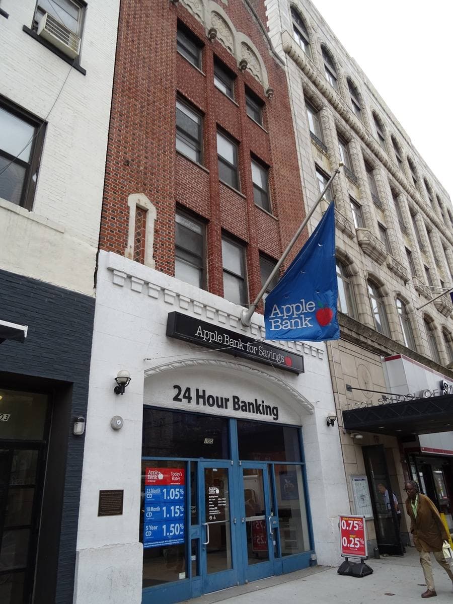 A brick building front with a bank entrance and a blue flag on Second Avenue