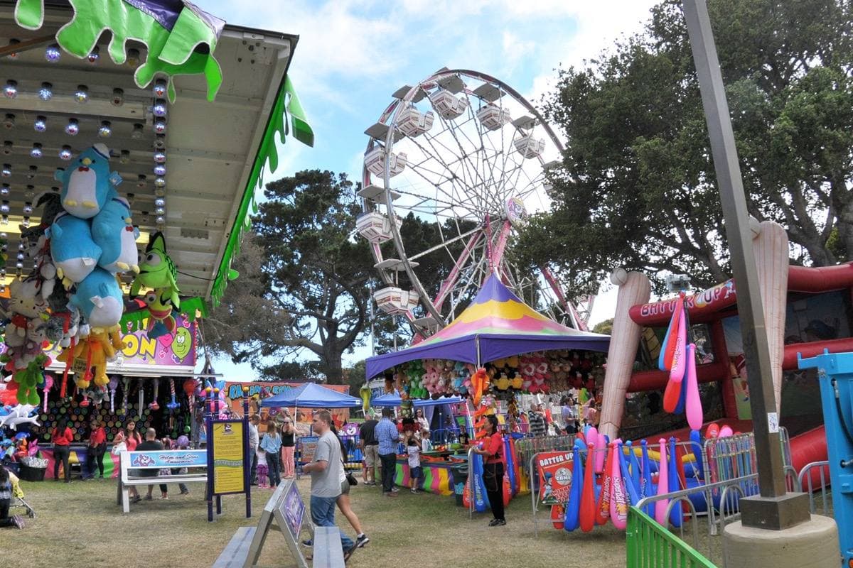 A fairground with a Ferris wheel, stalls and visitors under trees