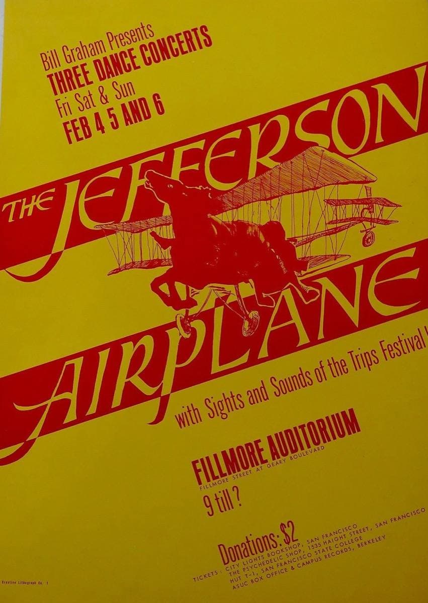A 1966 concert poster with hand-drawn lettering for Jefferson Airplane at the Fillmore Auditorium