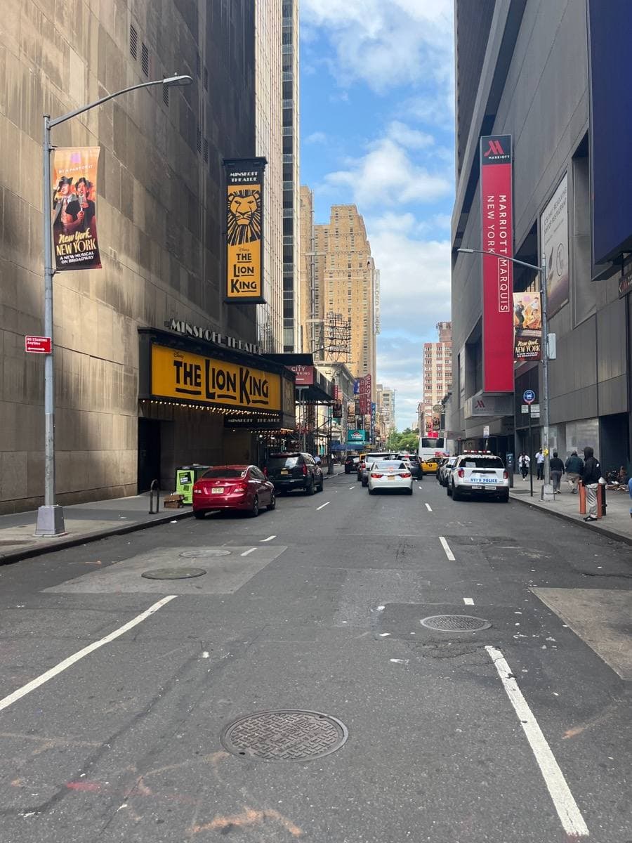 A Manhattan side street between tall buildings and theatre signs