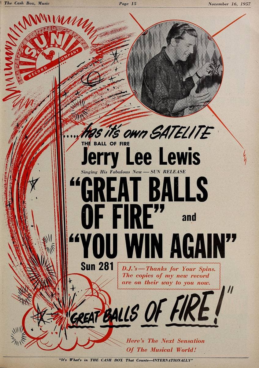A 1957 trade-paper advertisement with a round photograph of Jerry Lee Lewis