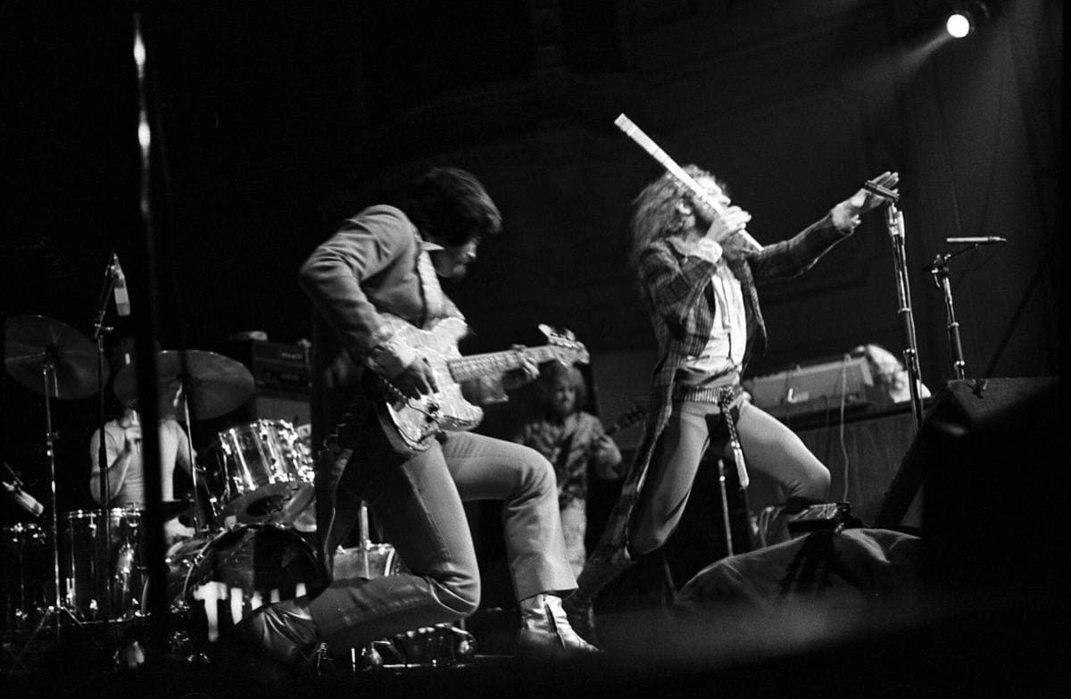 Five musicians on a concert stage in 1973, Ian Anderson in the centre