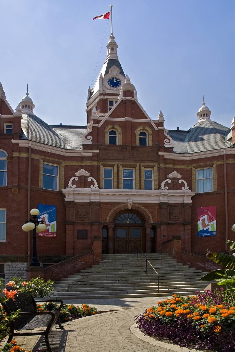 Stratford City Hall, red brick with a clock tower