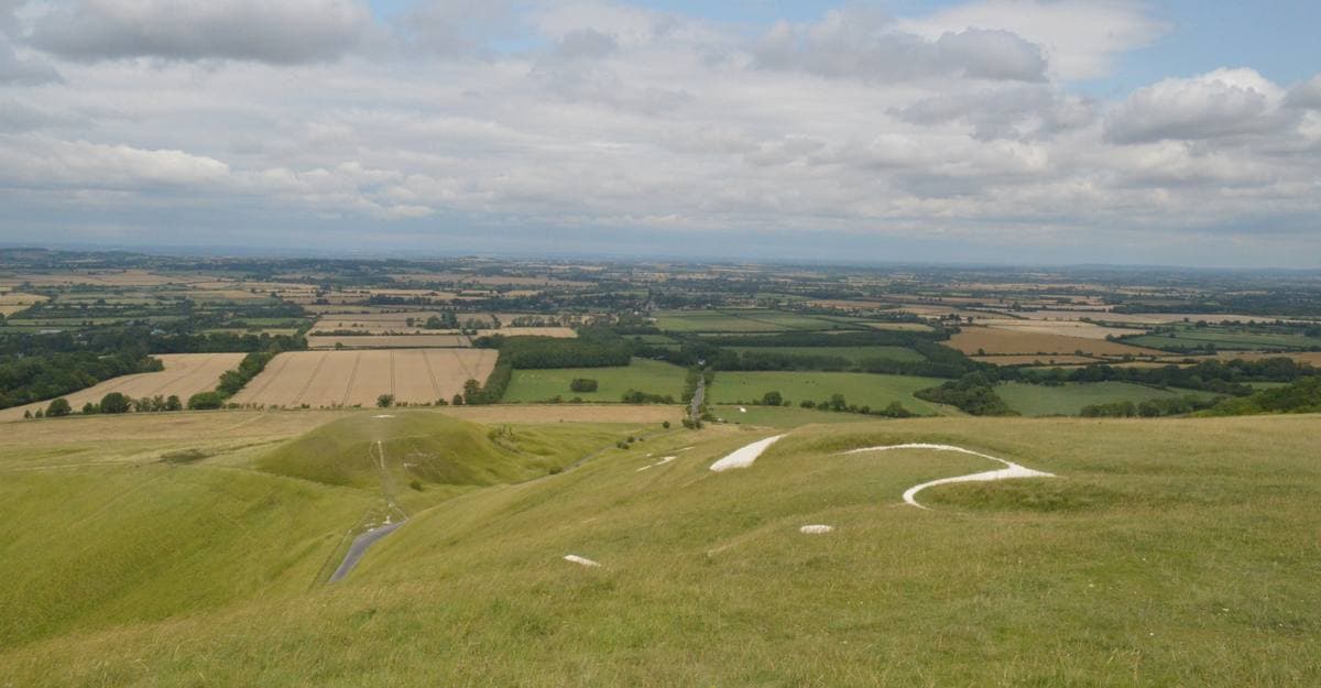 A wide green hillside under a big pale sky, the chalk horse on the slope and flat farmland to the horizon