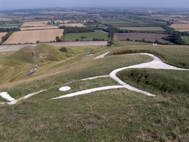 The white chalk lines of the Uffington White Horse cut into a green hillside, with fields stretching away beyond