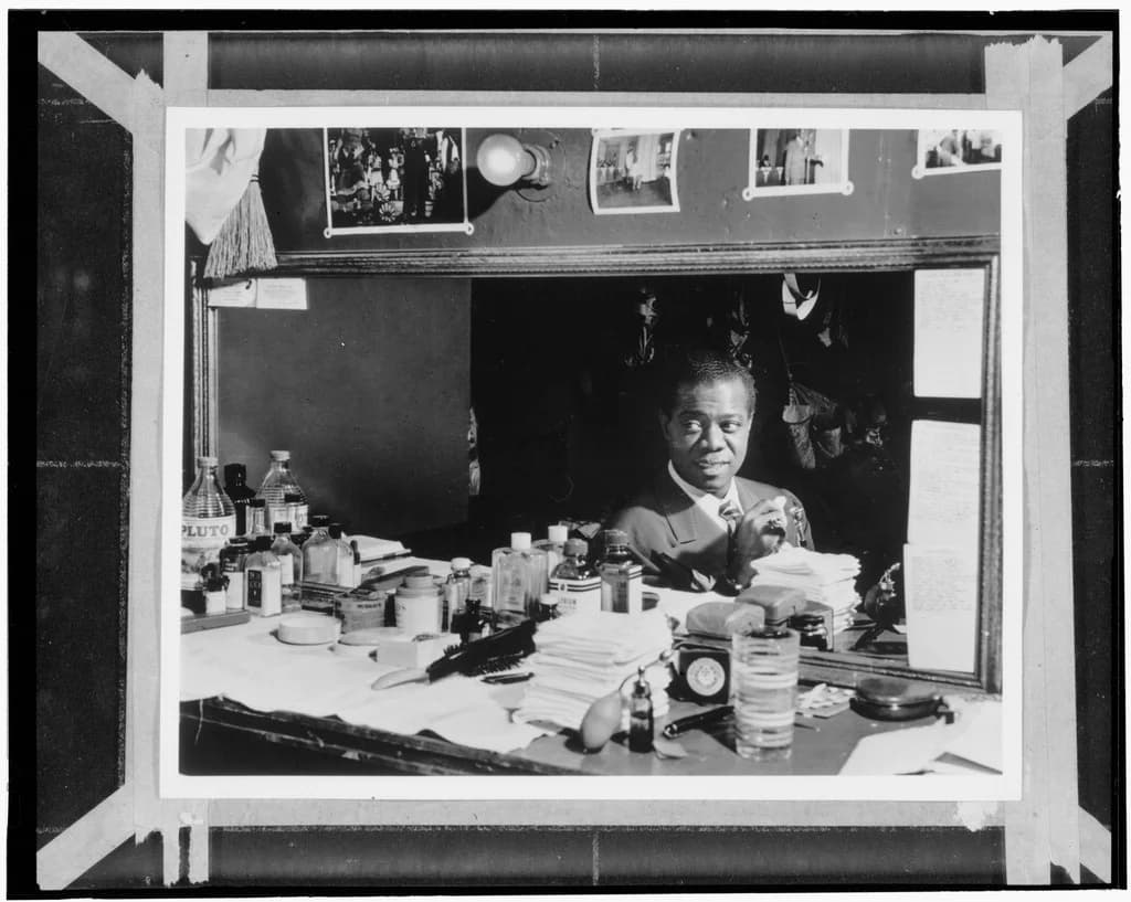 Louis Armstrong in his dressing room at the Aquarium in New York in July 1946