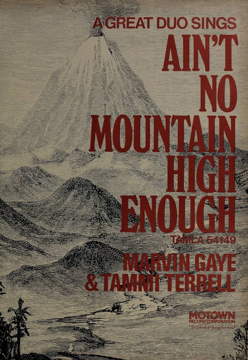 A printed advertisement with a mountain engraving and the song title in tall red letters