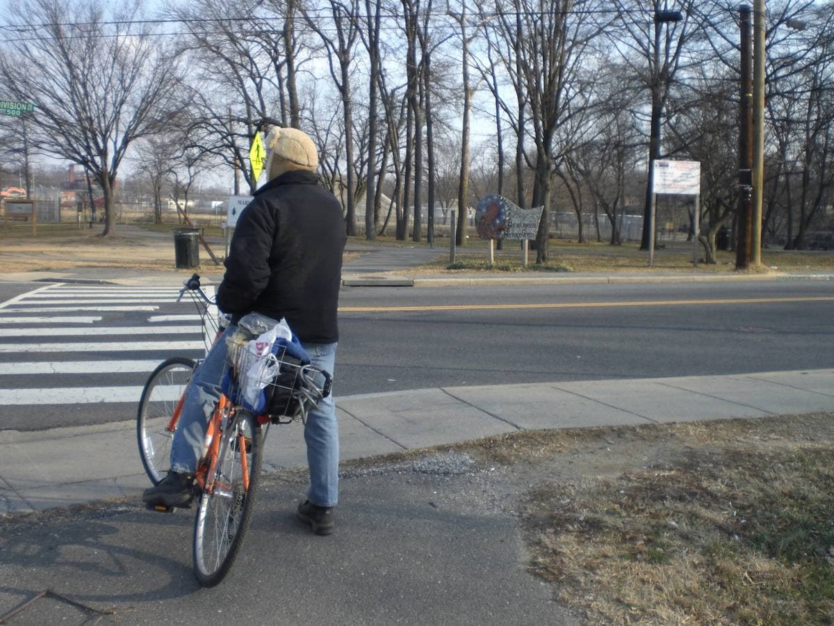 A cyclist stopped at a crossing beside bare winter trees on the park trail
