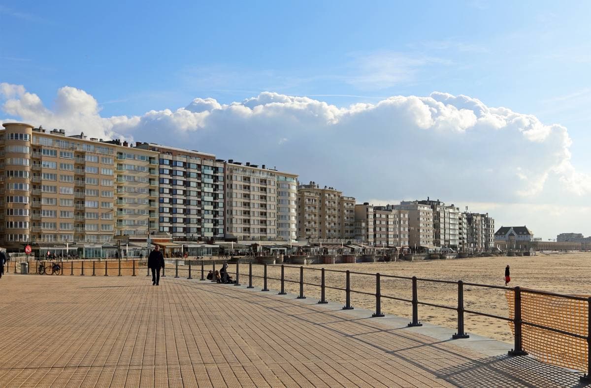 Ostend’s wooden promenade running past a long row of apartment blocks above the beach