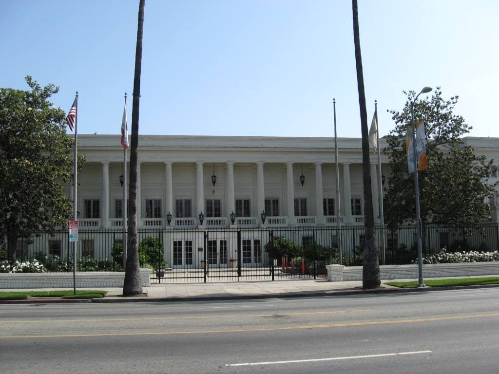 The columned executive office building of the old Warner Bros. studio on Sunset Boulevard