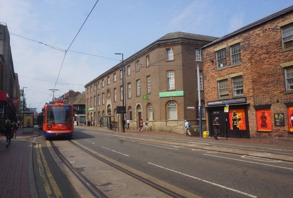 West Street, Sheffield: a tram line runs along a wide street of brick and stone buildings under a pale blue sky