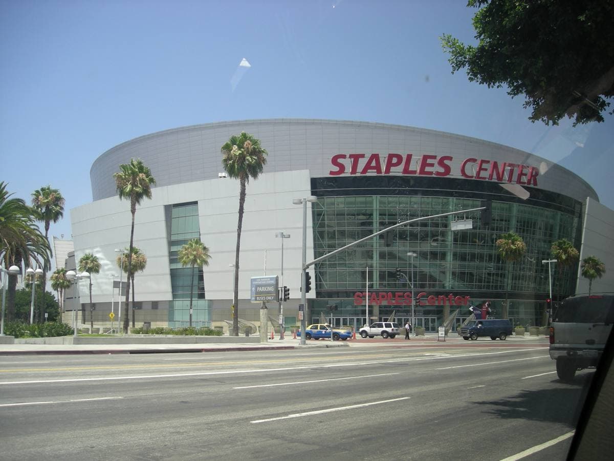 The exterior of the Staples Center arena in Los Angeles