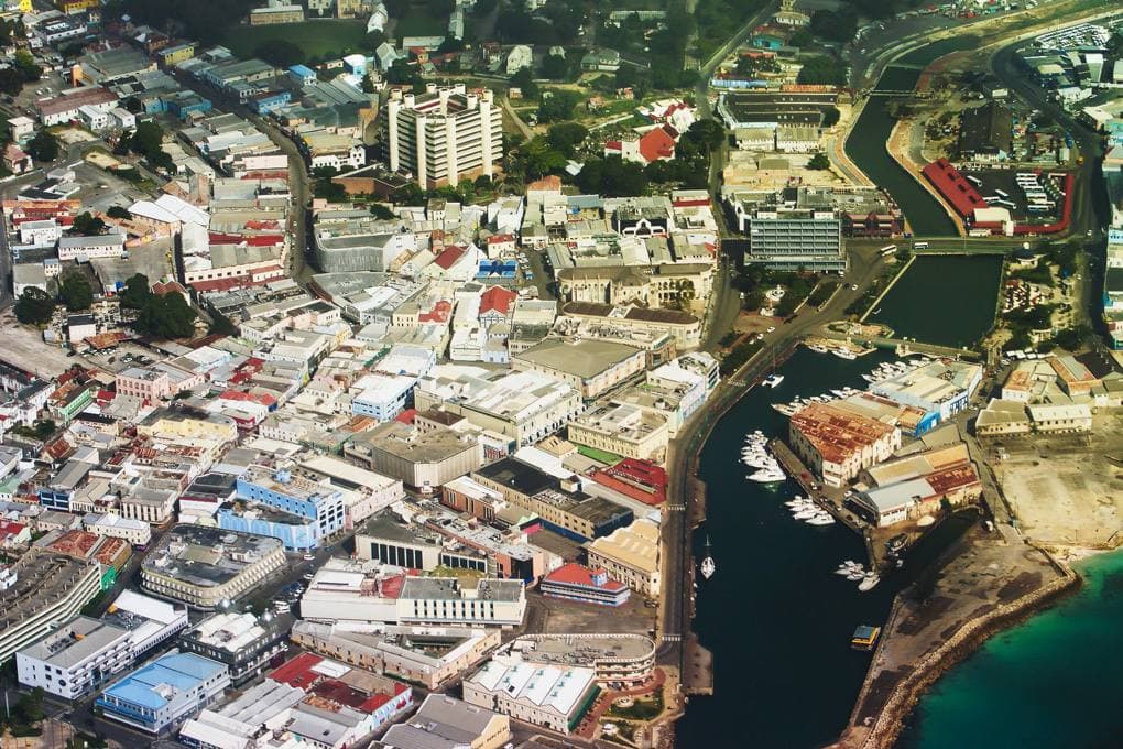 Aerial view of Bridgetown, Barbados, with the wharf and the city centre