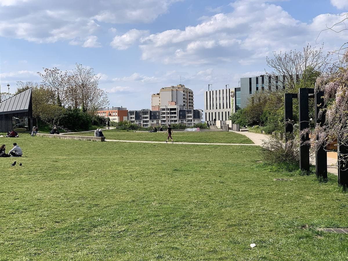 A wide lawn under a blue sky with buildings beyond