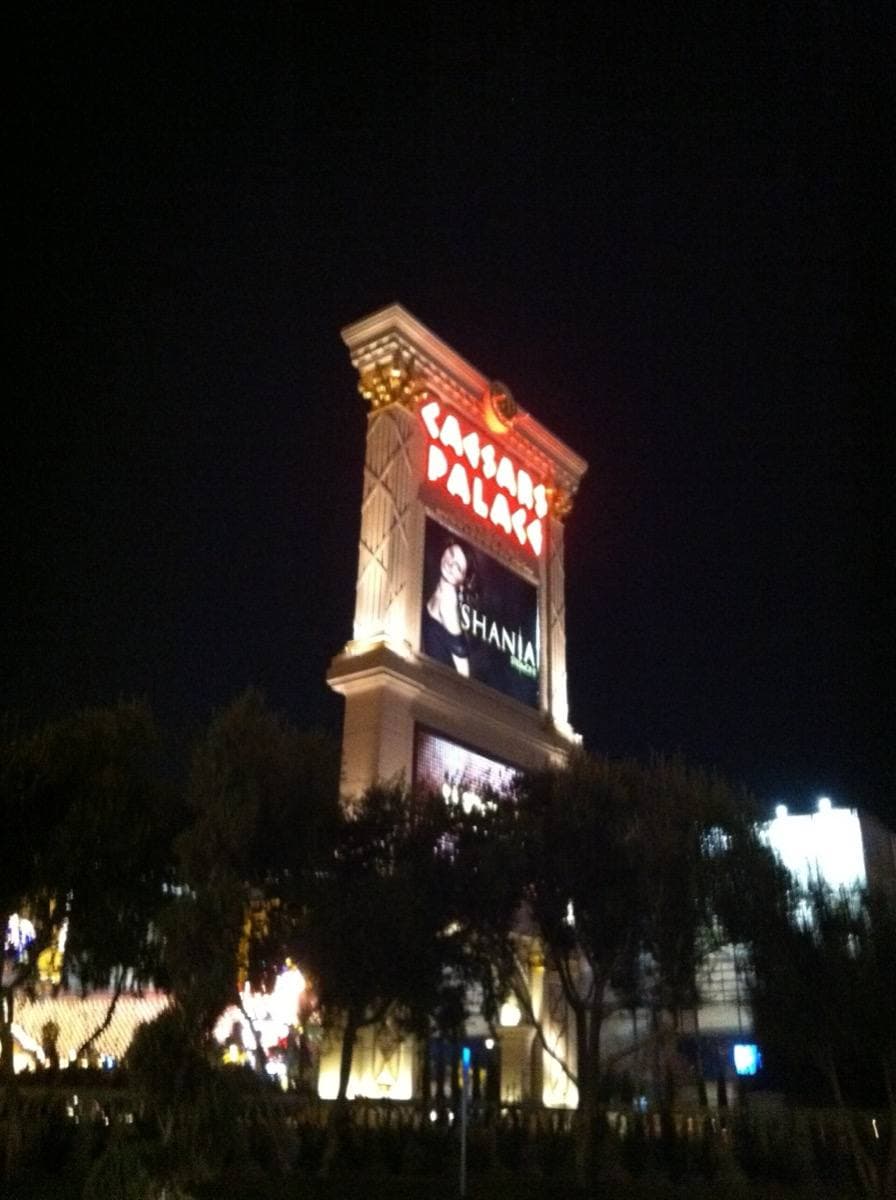 Caesars Palace roadside signs lit at night with Shania on the screen