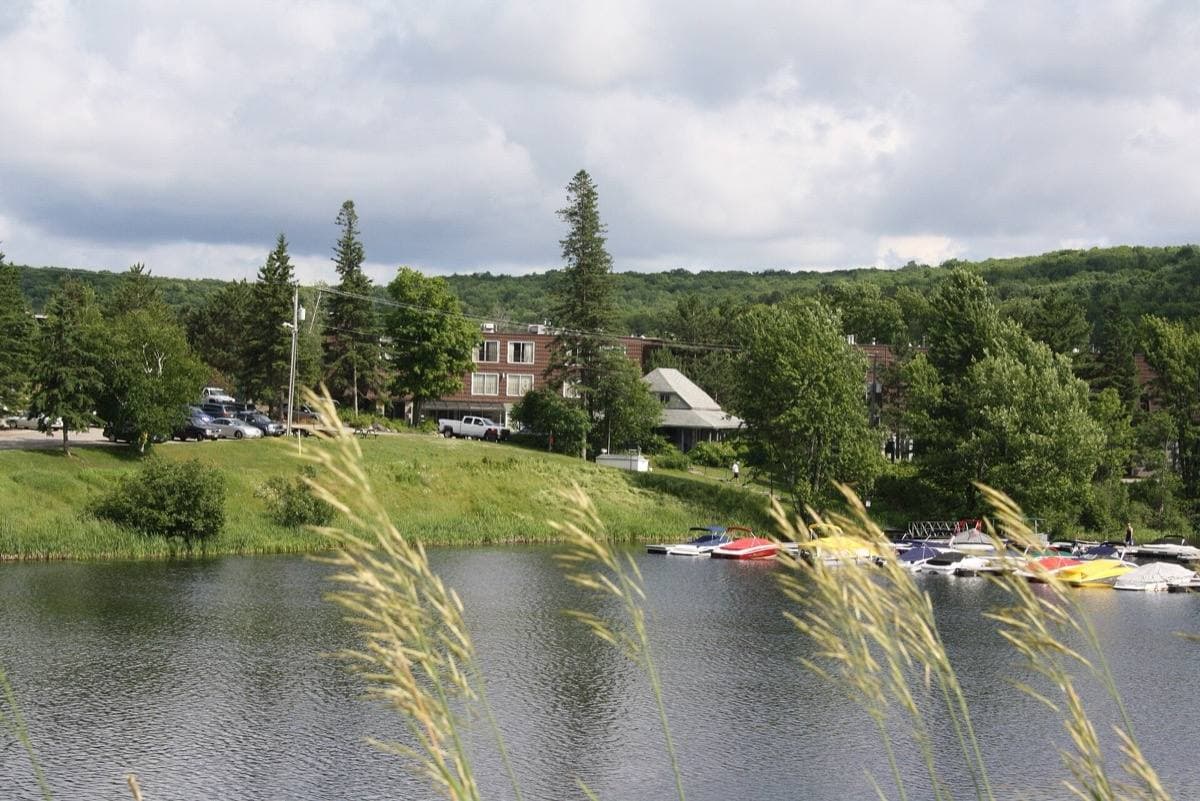 A lakeside resort building among trees in Muskoka