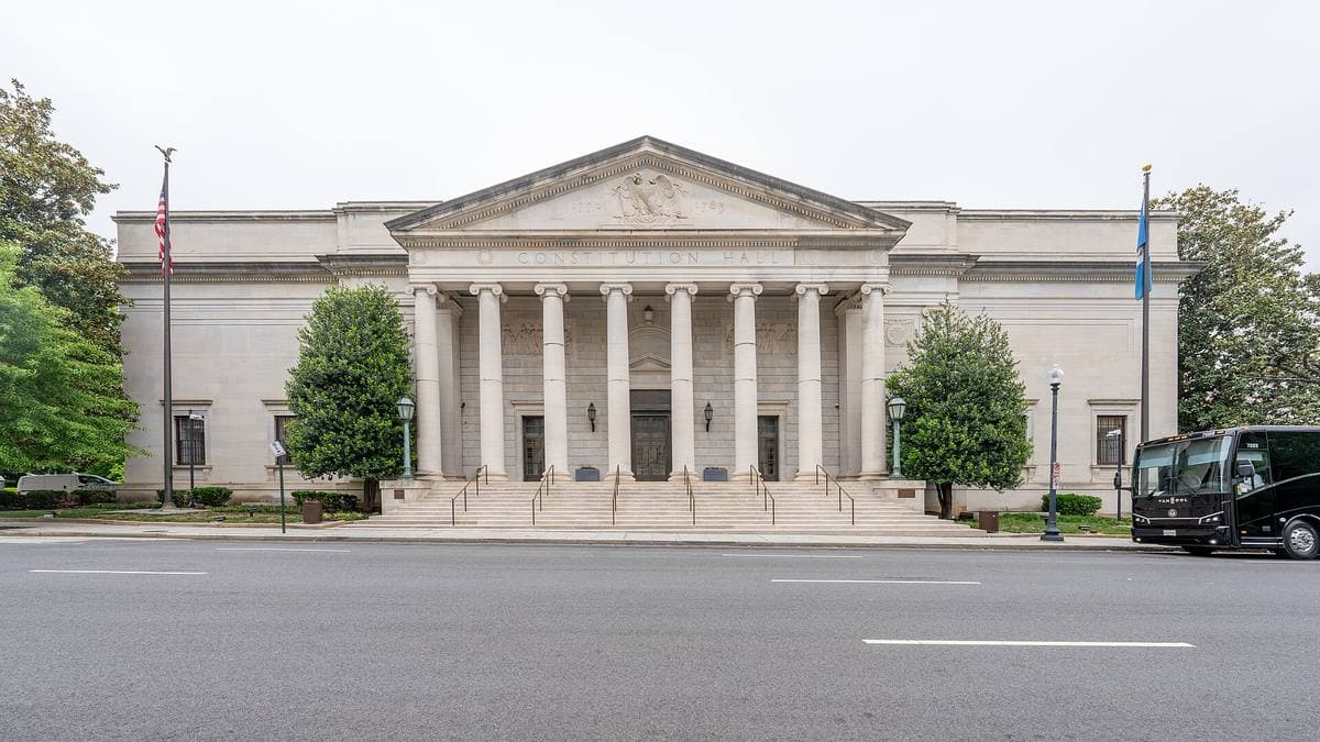The columned stone front of Constitution Hall