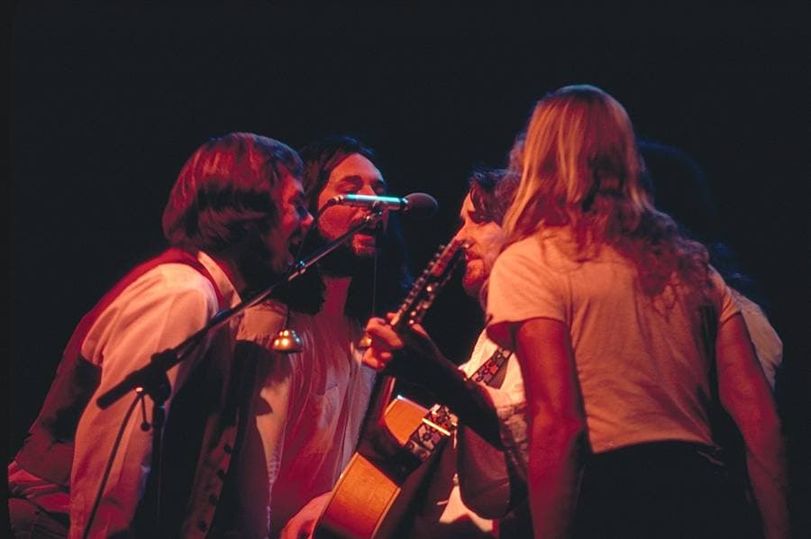 Supertramp on a lit stage in a large hall in 1980