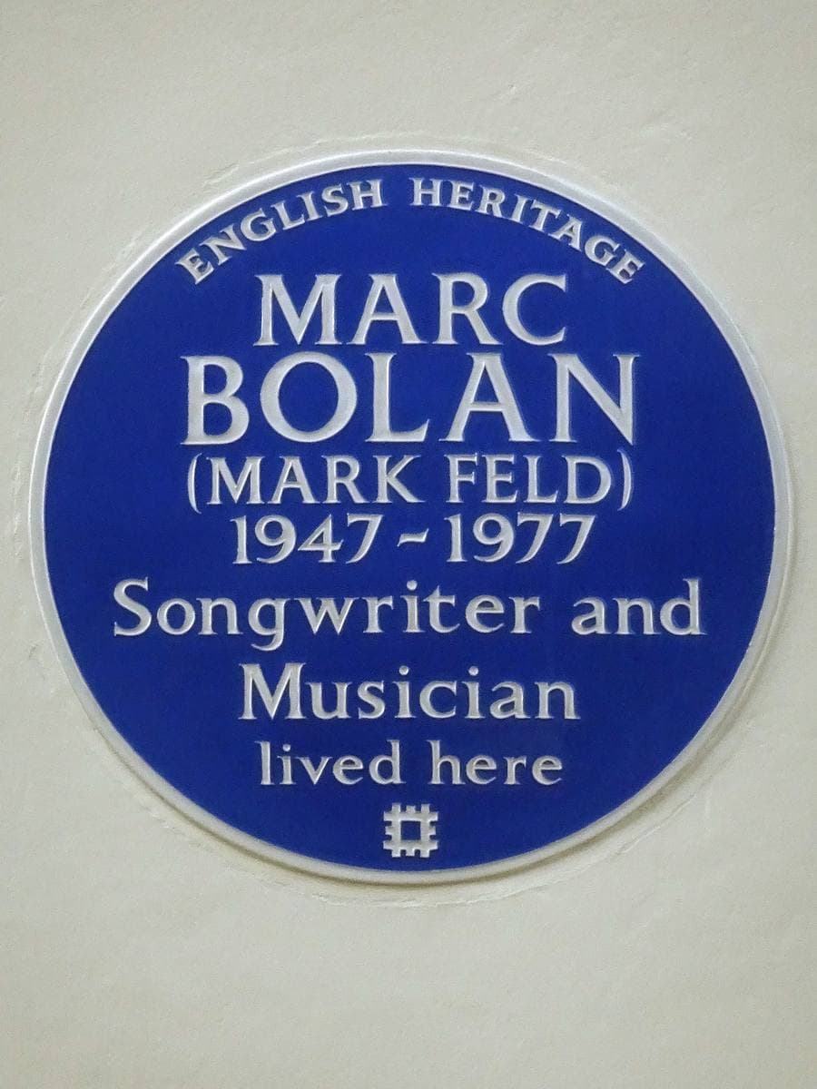 A blue English Heritage plaque for Marc Bolan, Mark Feld, songwriter and musician