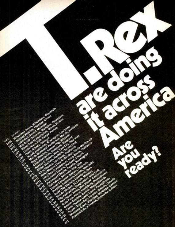 A black advertisement with T. Rex in big slanted letters and a list of tour dates
