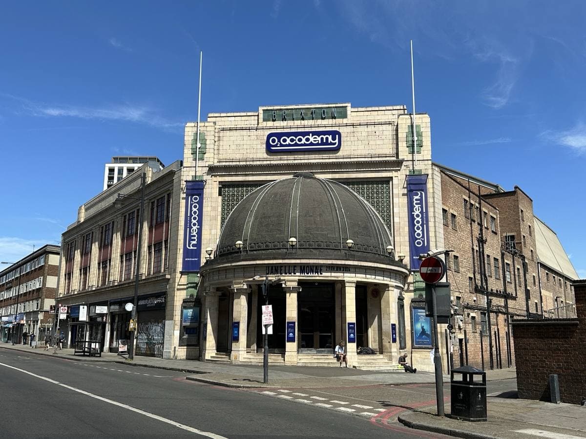 The Academy’s domed corner entrance on Stockwell Road in sunshine