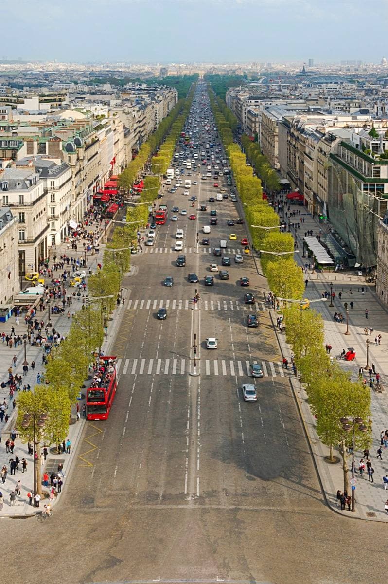 The long straight Champs-Élysées seen from above, lined with trees