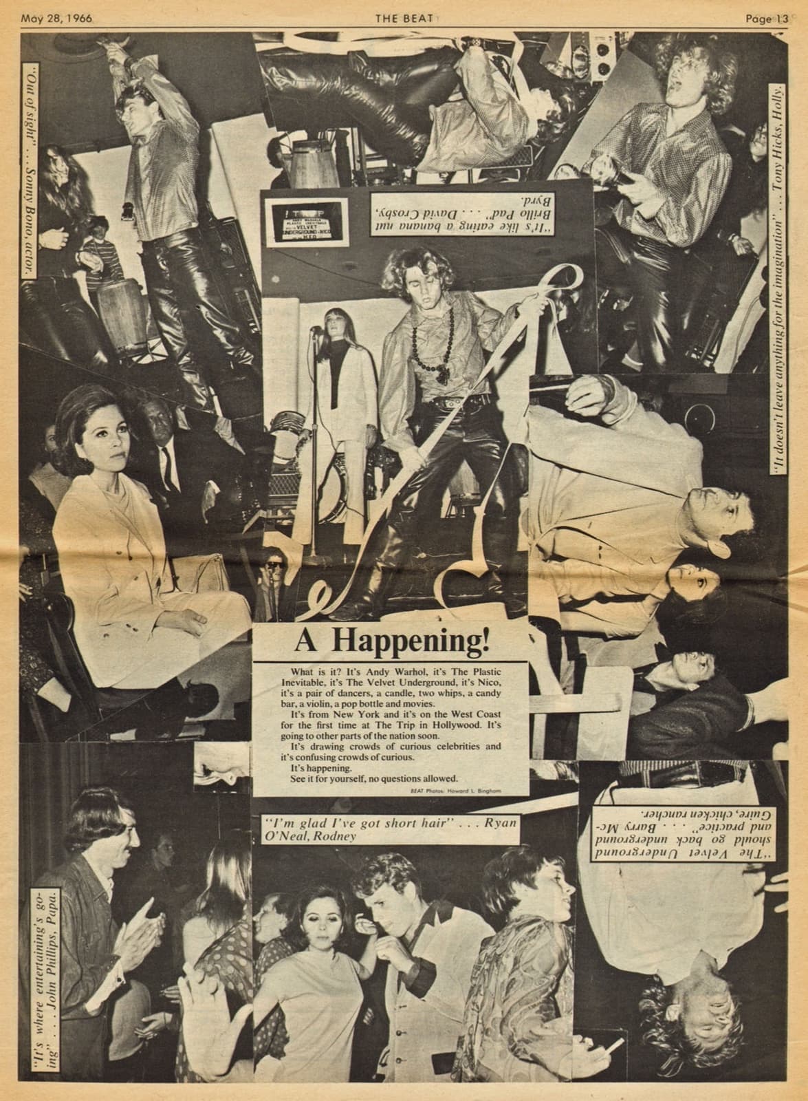 A newspaper page collaging photographs of dancers, a singer with long hair and an audience under projected light