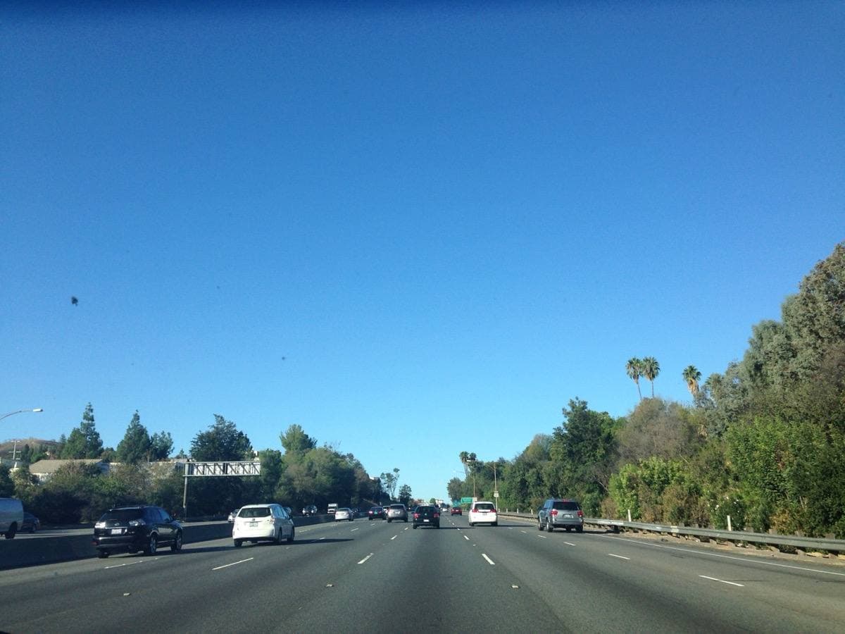A sunlit Woodland Hills street with low buildings and trees
