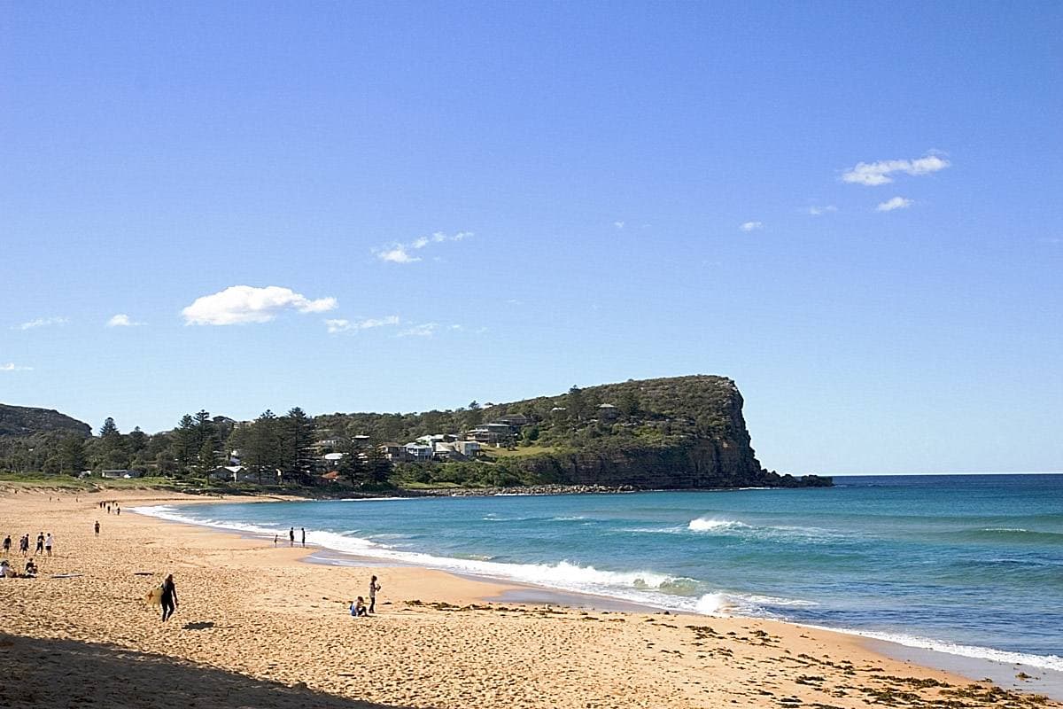 A curving surf beach backed by houses and wooded hills